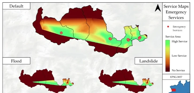 Service-area maps for emergency facilities in the Orco Valley under default, flood and landslide scenarios.